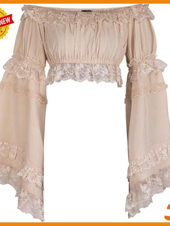 Tops - Beige Crepe Smocked Flare Sleeve Peasant Top Off Shoulder Blouse